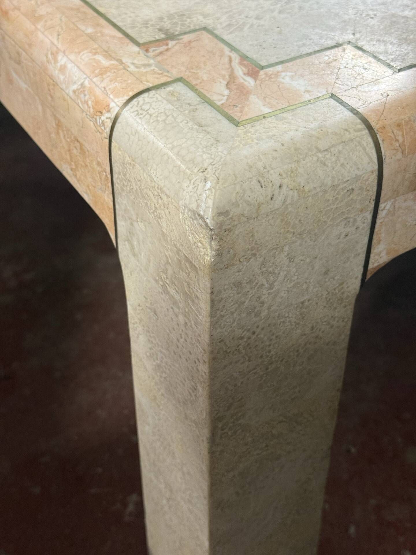Tessellated Stone & Brass Inlay Coffee Table — Mission Furniture, 1989