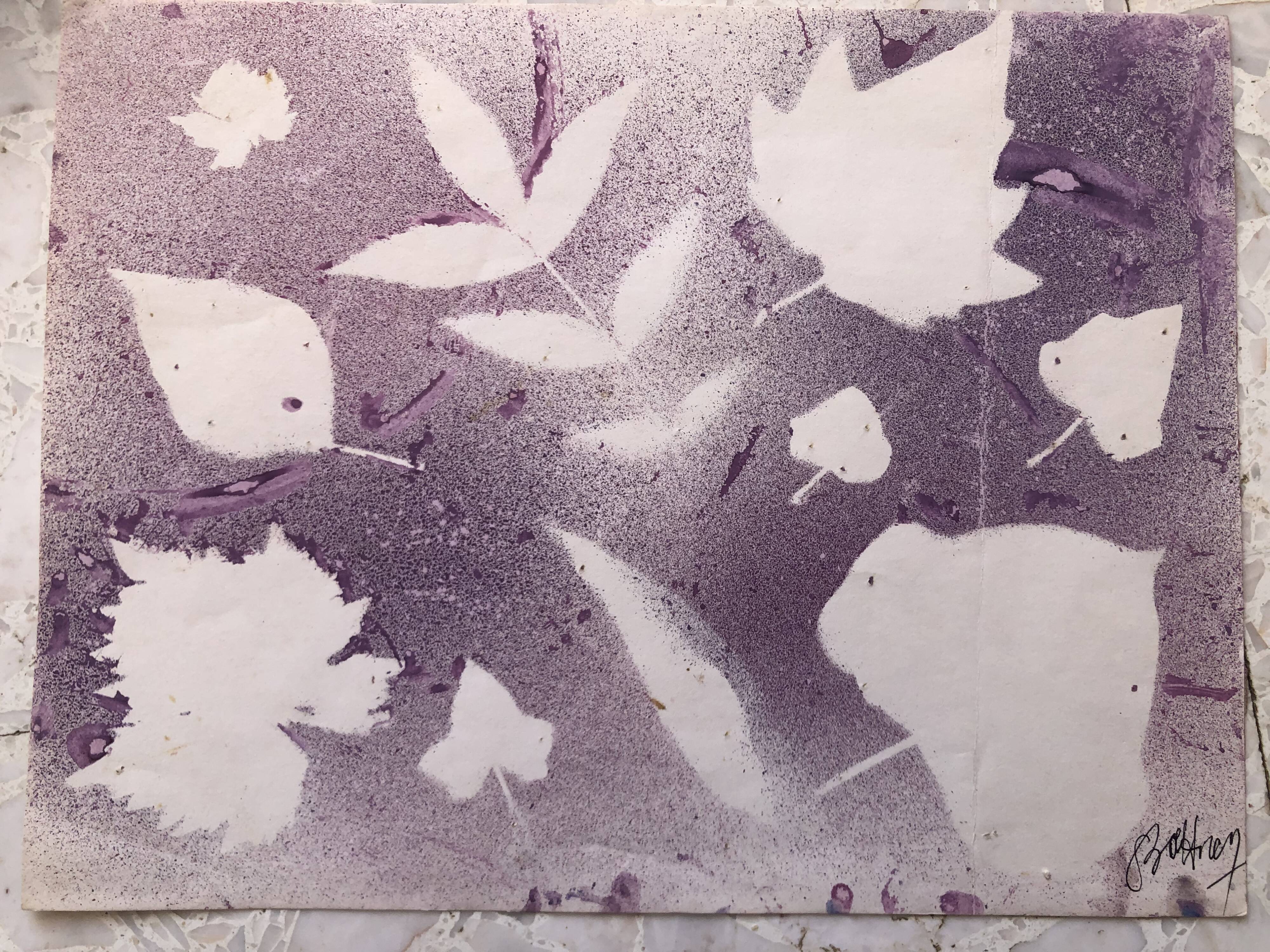 Purple acrylic paint with leaves stencil on paper, signed boettren or boettner? contemporary