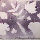 Purple acrylic paint with leaves stencil on paper, signed boettren or boettner? contemporary