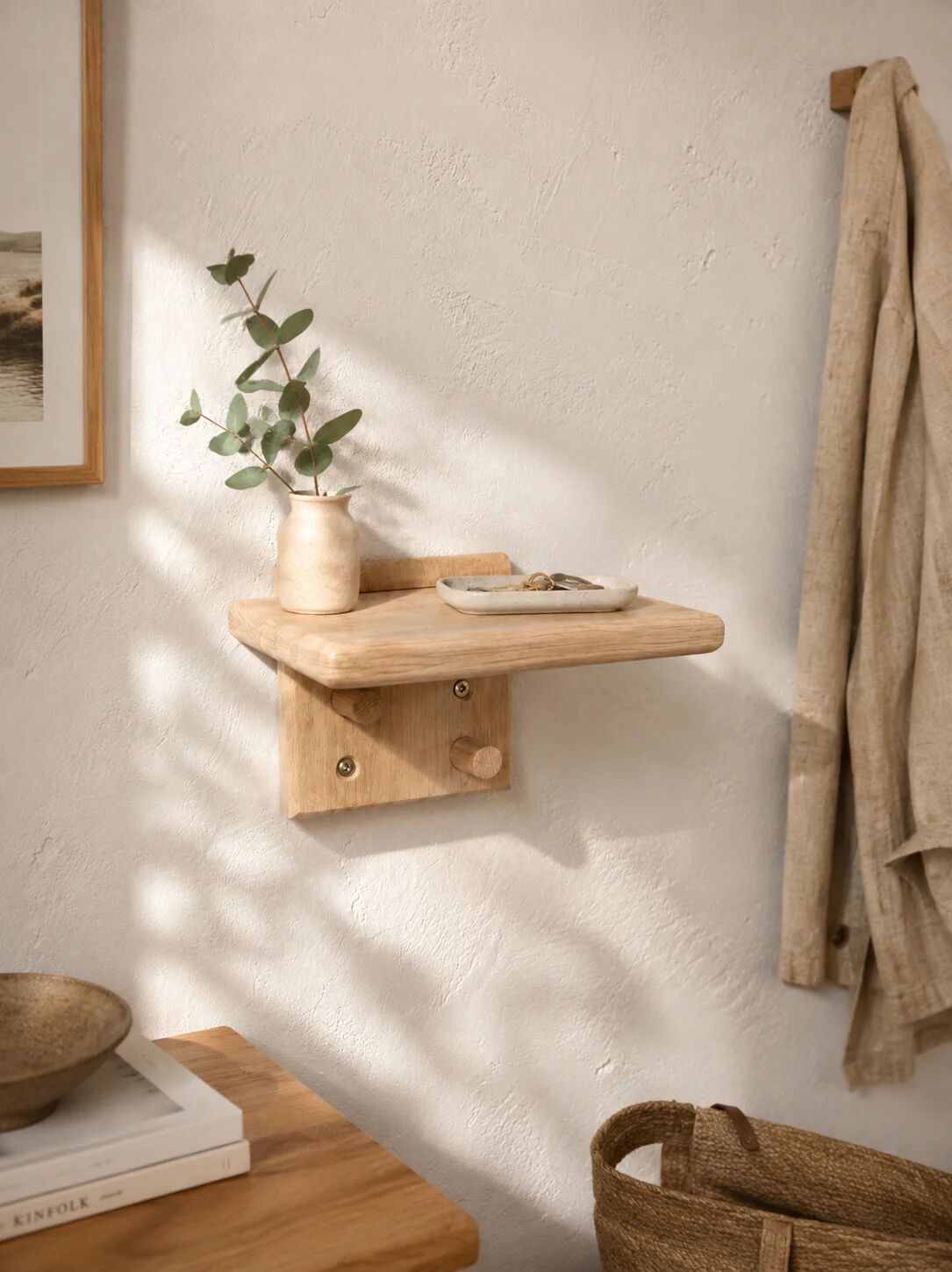 Solid oak shelf with hooks