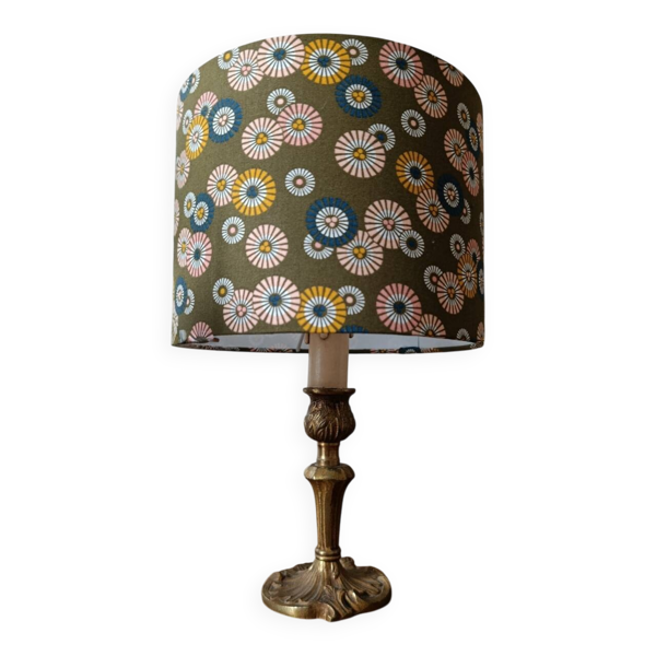 lampe à poser laiton   abat jour kaki pâquerettes multicolores — Beyit