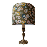 brass table lamp | khaki lampshade with multicoloured daisies