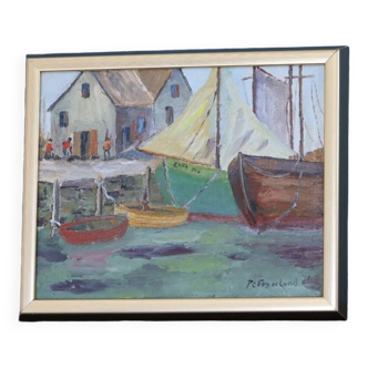 Original Swedish Mid-Century Oil on Canvas " Boats at a Quayside" by Fagerlund - Framed