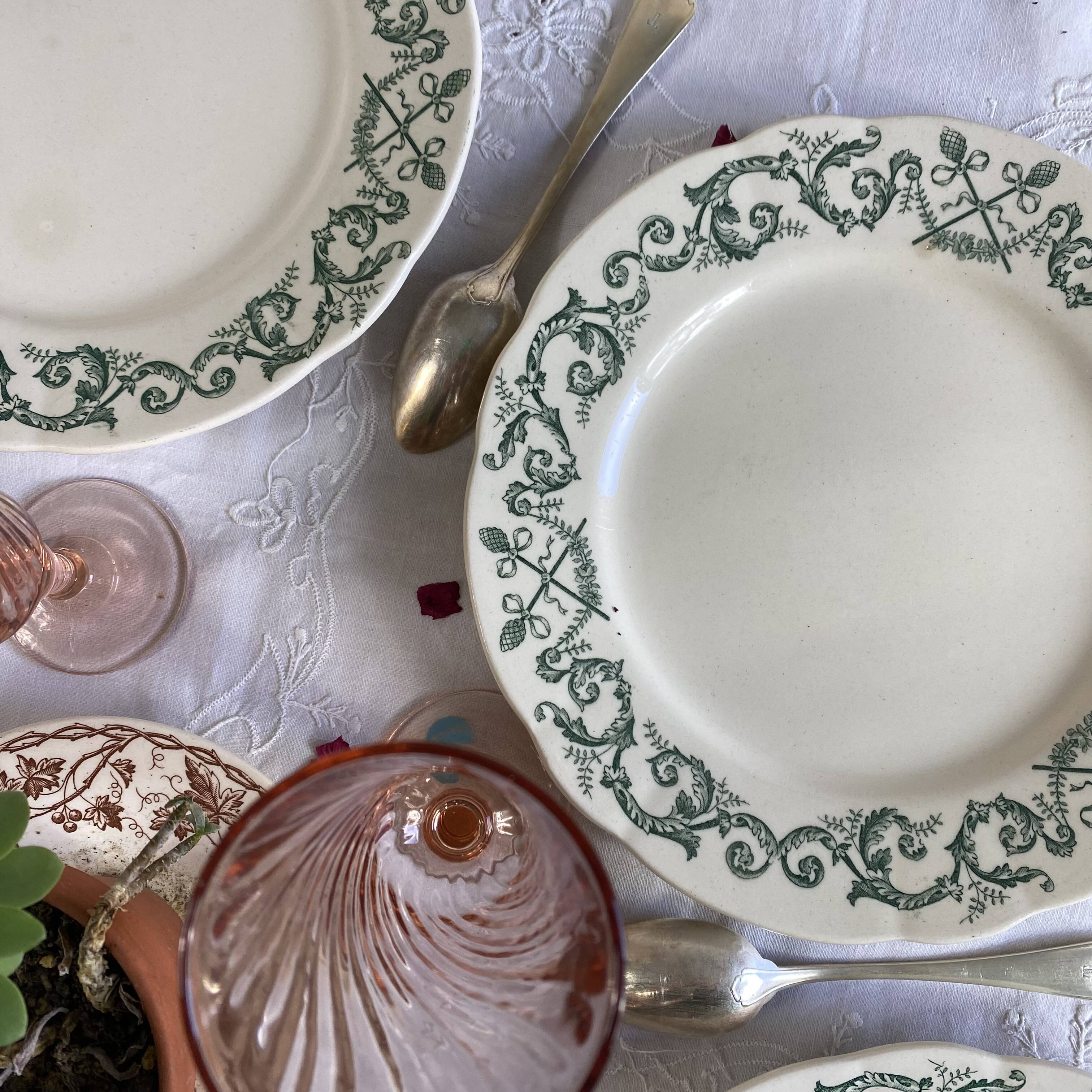 6 Longchamp ironstone dessert plates, Treviso pattern, green earthenware