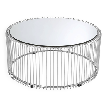 Une table basse ronde avec un plateau en miroir, des années 1990.