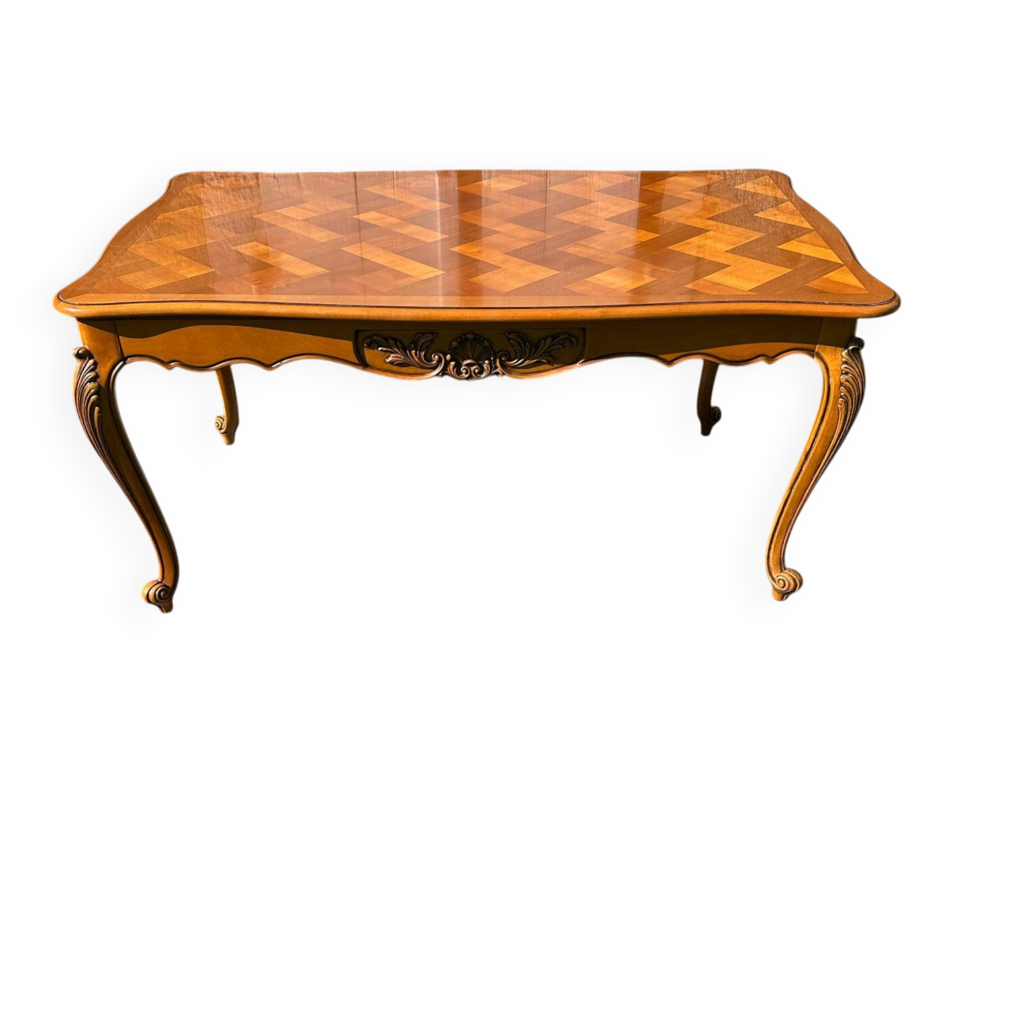 Antique extendable table in cherry wood and marquetry in the Louis XV style.