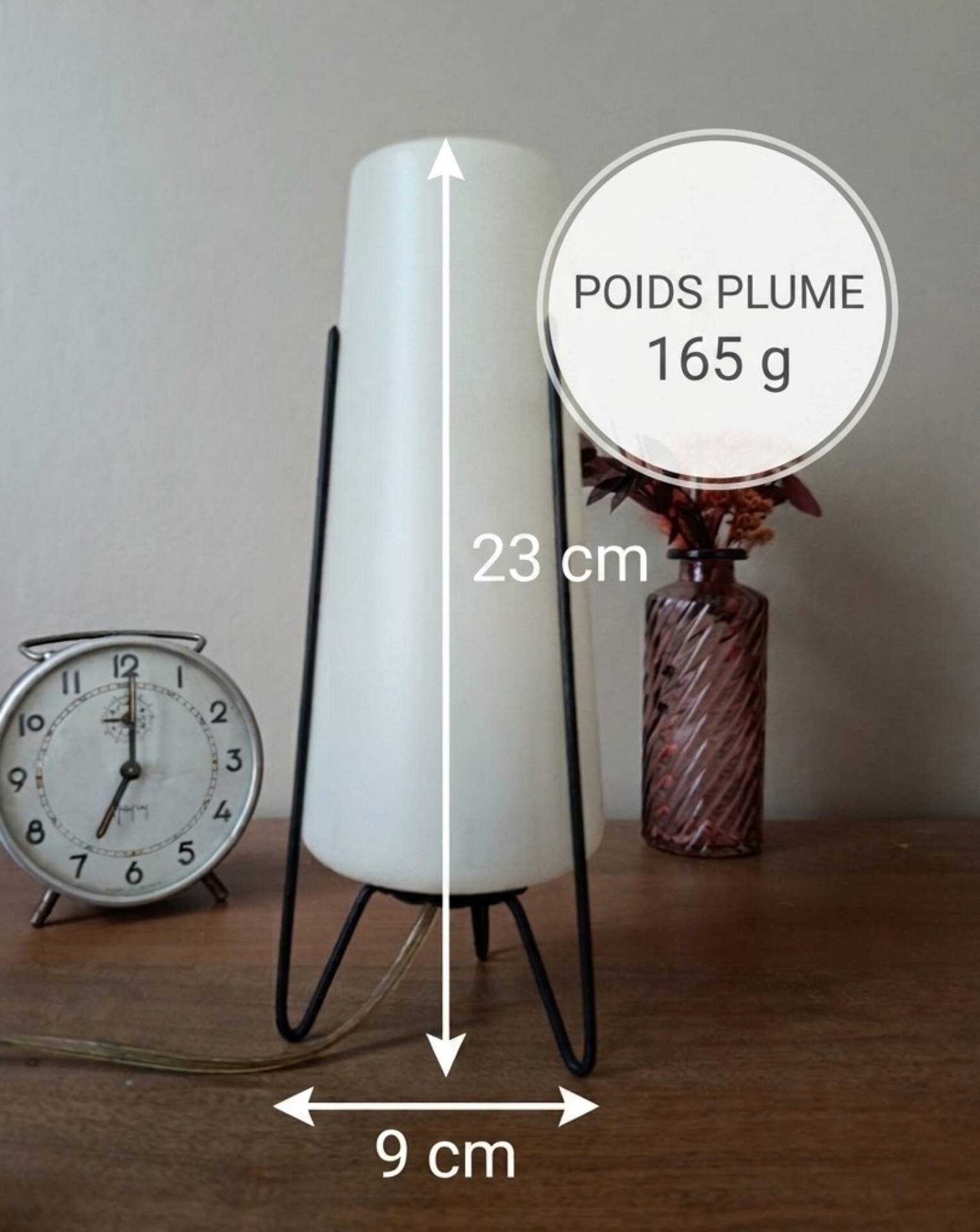 Tripod lamp in metal and white plastic, mid-century space age.