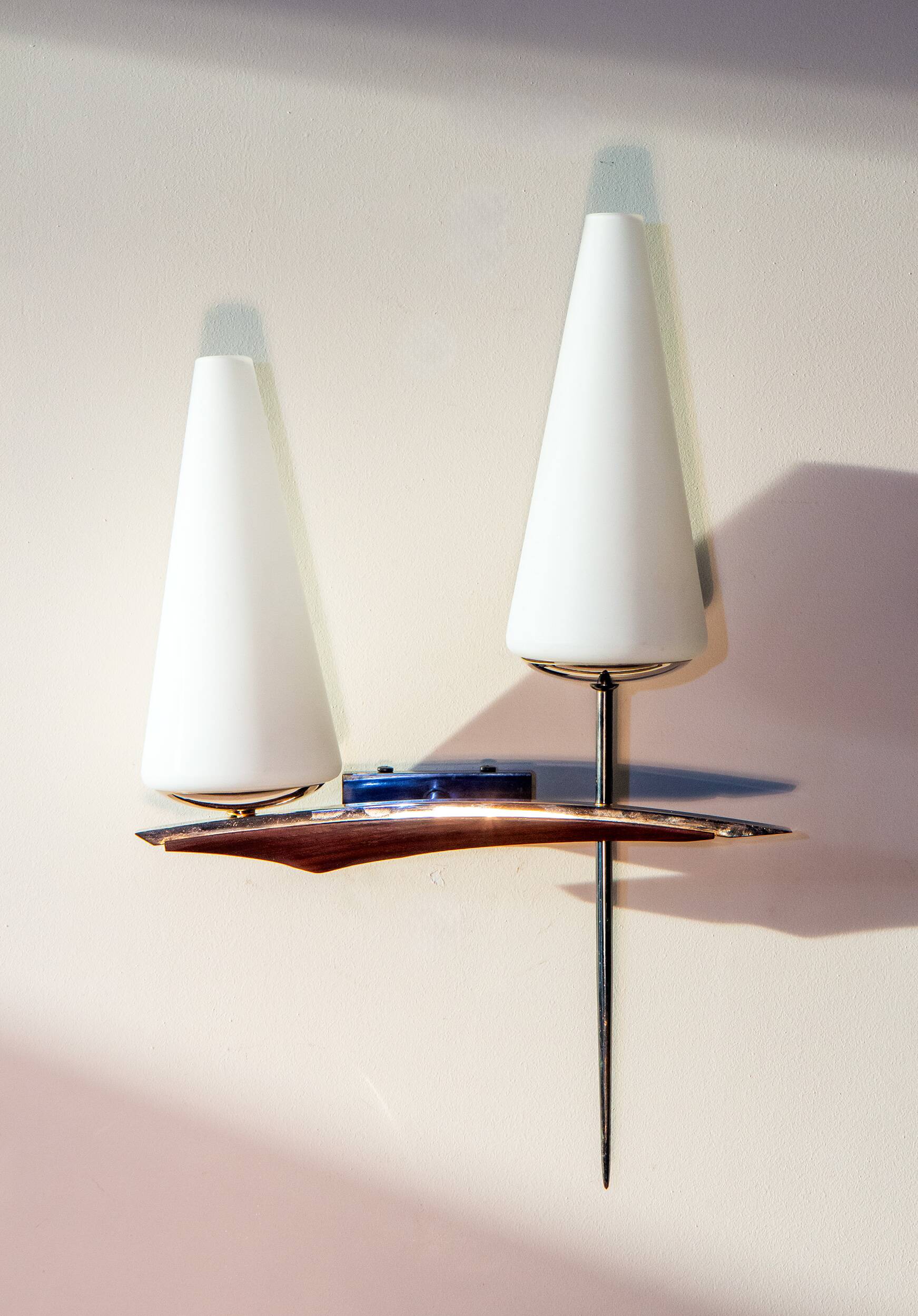 50s wall light, opaline, teak and brass