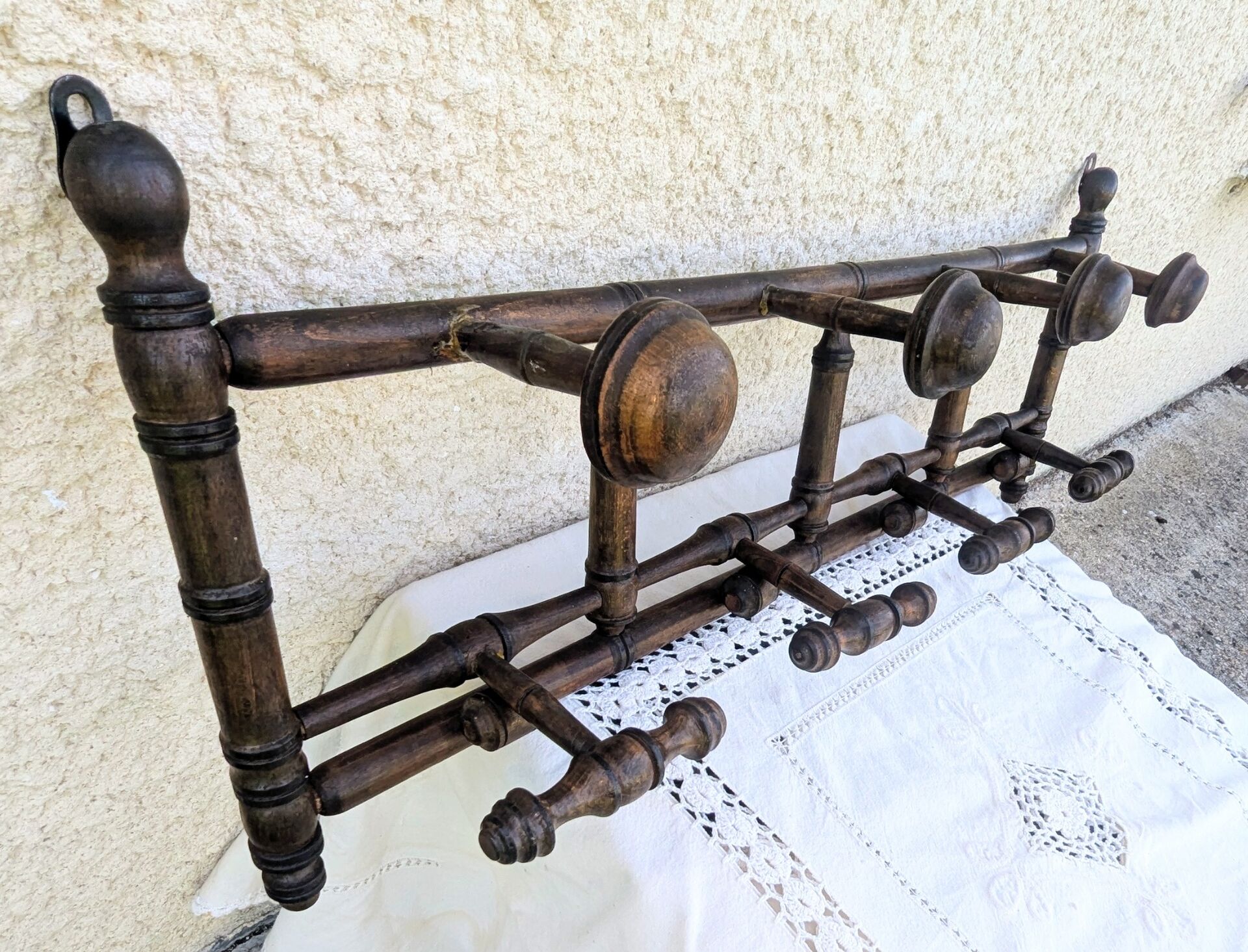 Antique wall coat rack, wooden turned bamboo, bistro 1900.