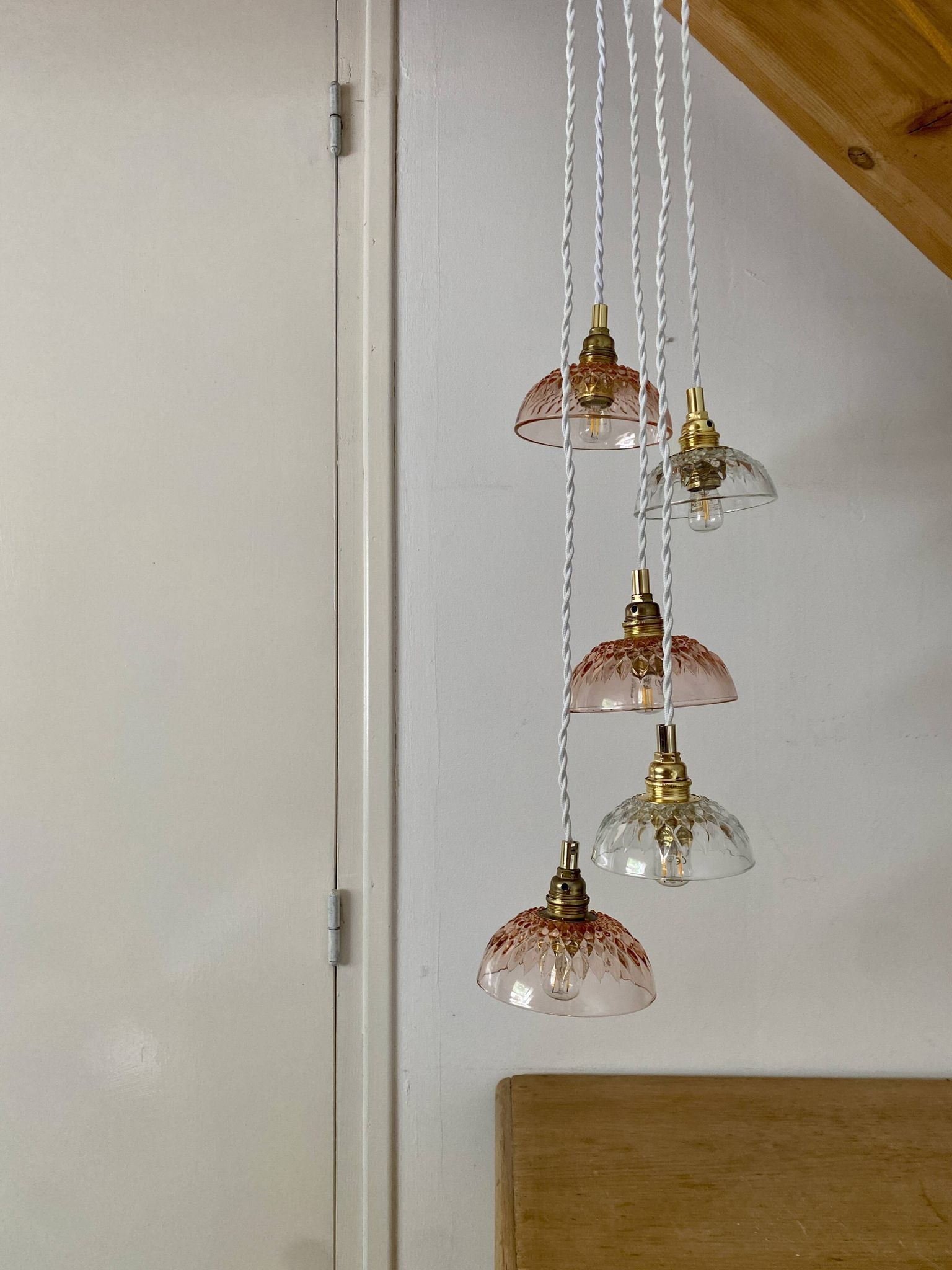 5-light waterfall pendant light with vintage pink and transparent glass shades