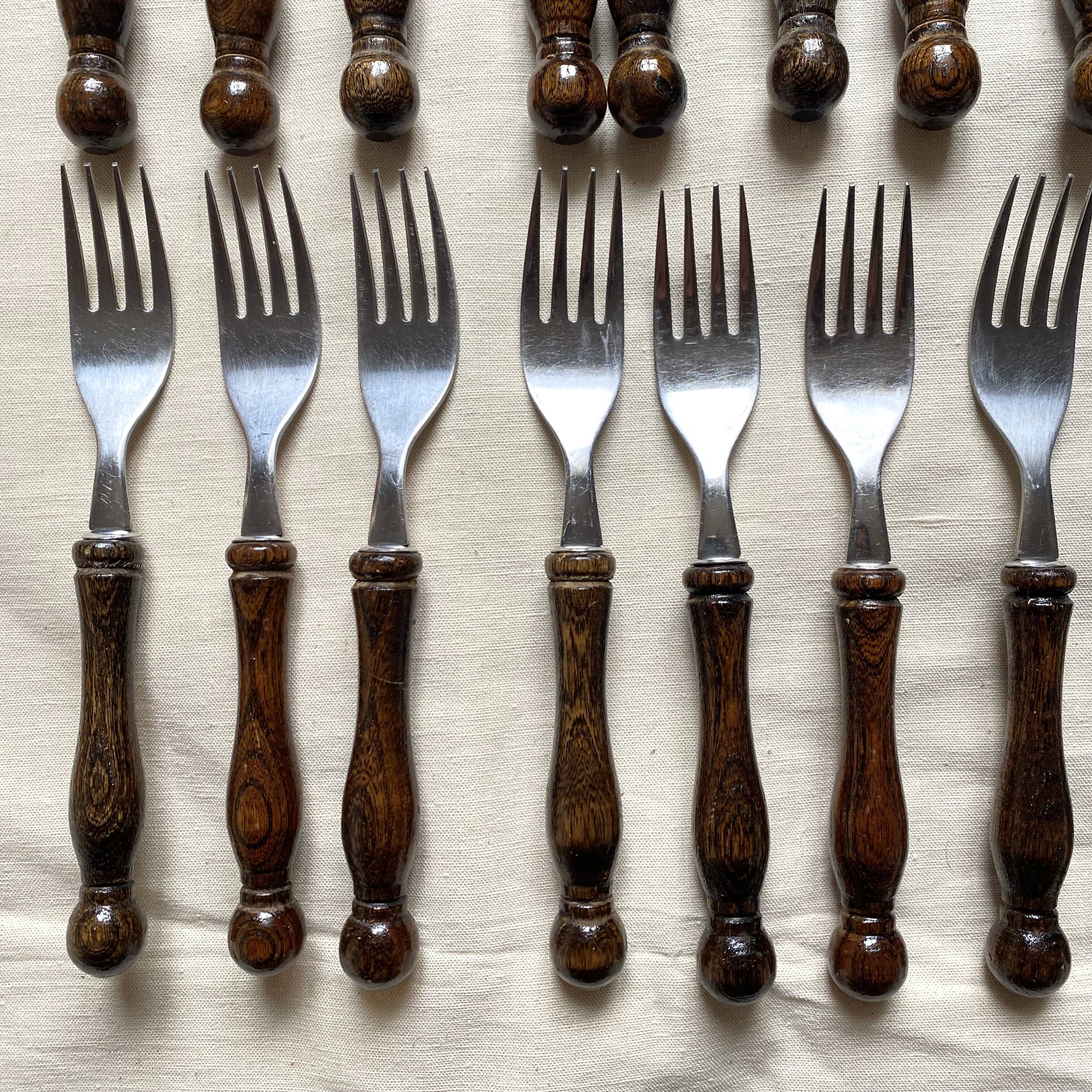 36-piece cutlery set with wooden and stainless steel handles, 1970s