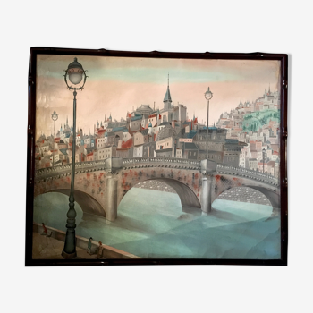 Tableau scène de ville avec un pont