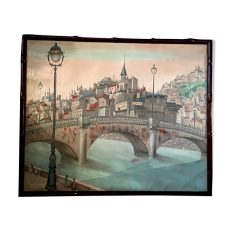 City scene with a bridge painting