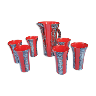 Service orange pitcher and glasses Vallauris 1960s