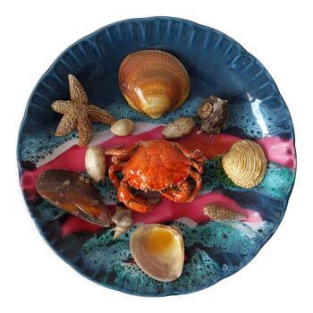 Blue plate decorated with shellfish and crustaceans, Vallauris 1960