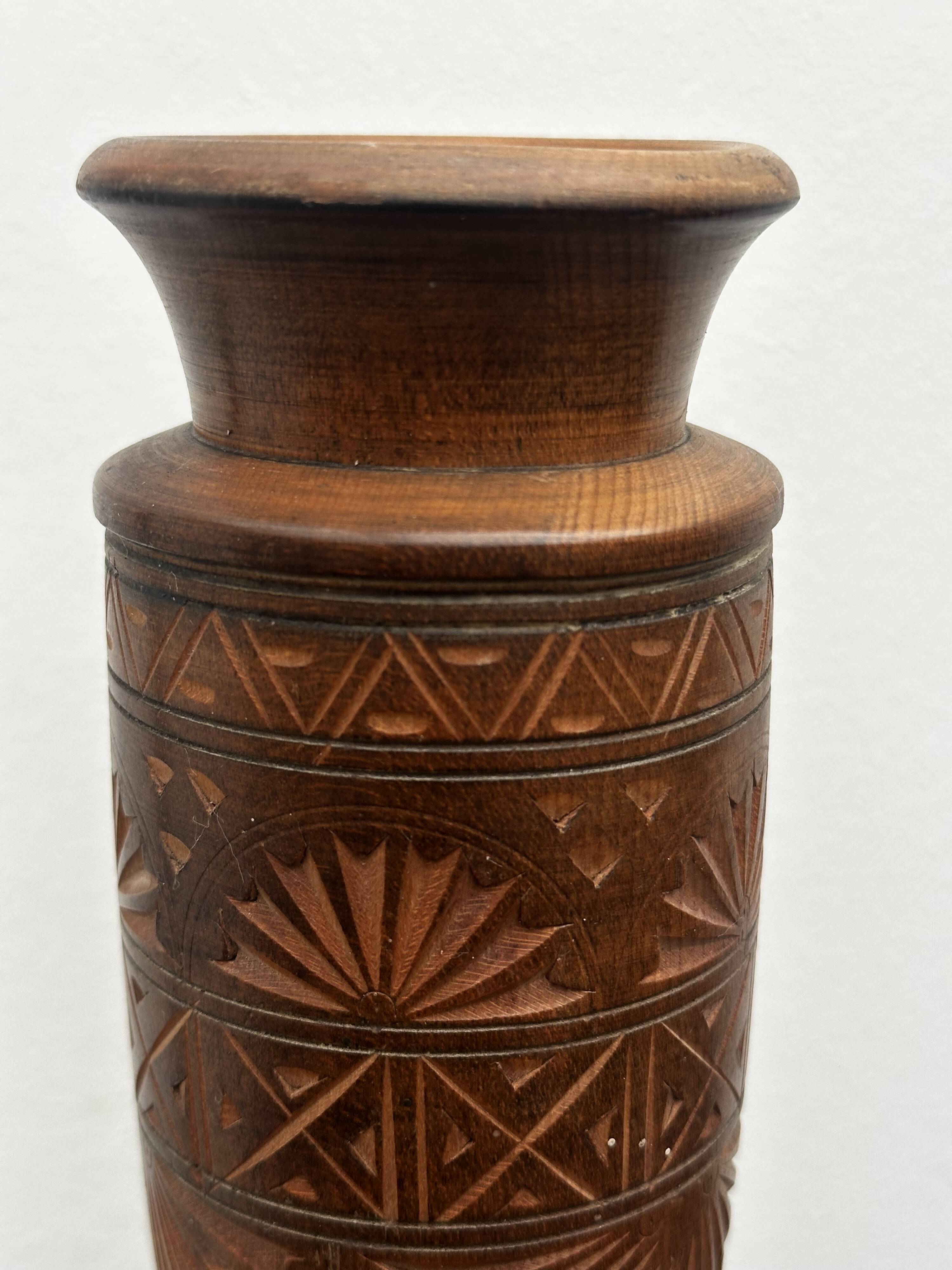 Turned and carved wooden vase, mid-20th century