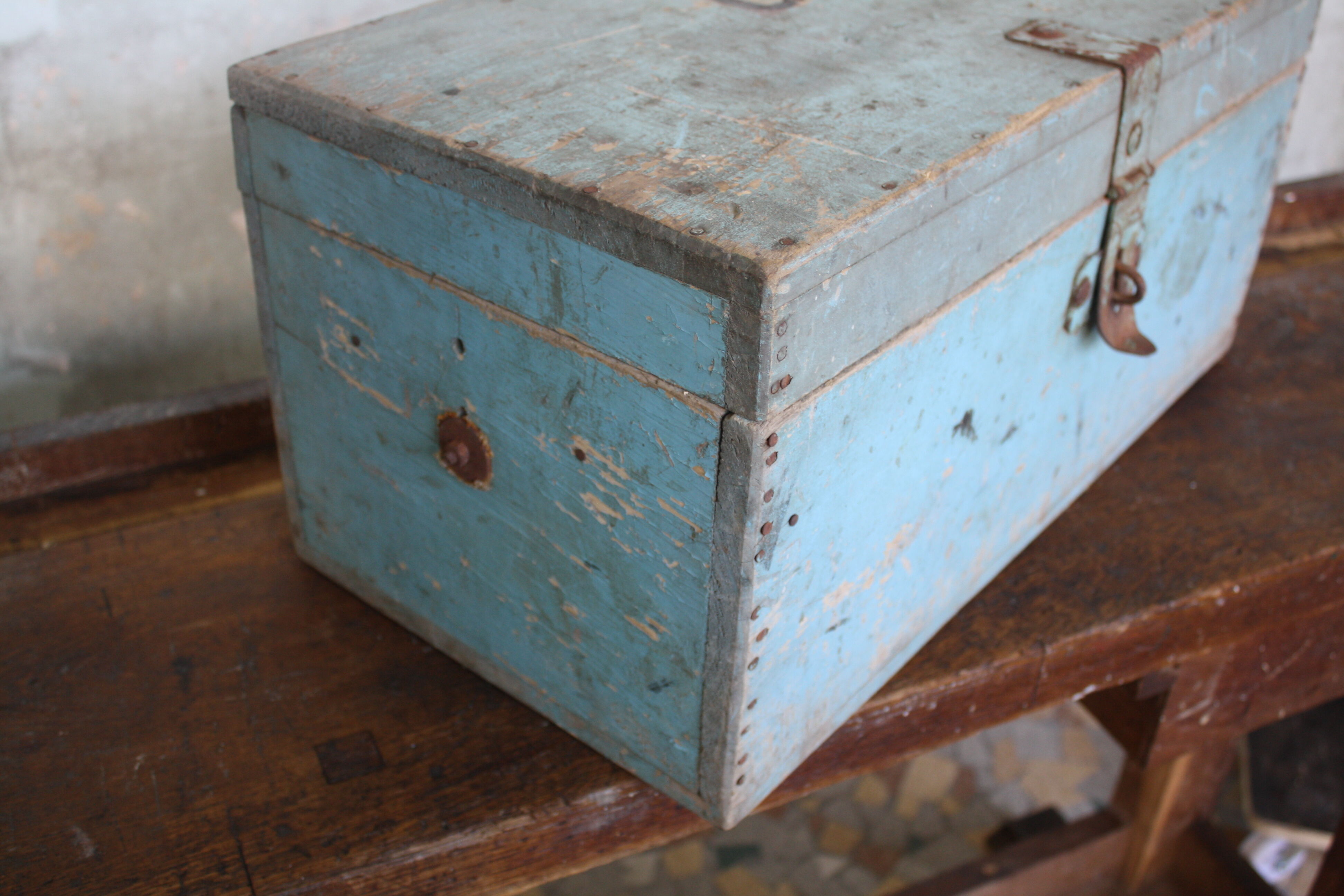 Blue vintage tool box wooden