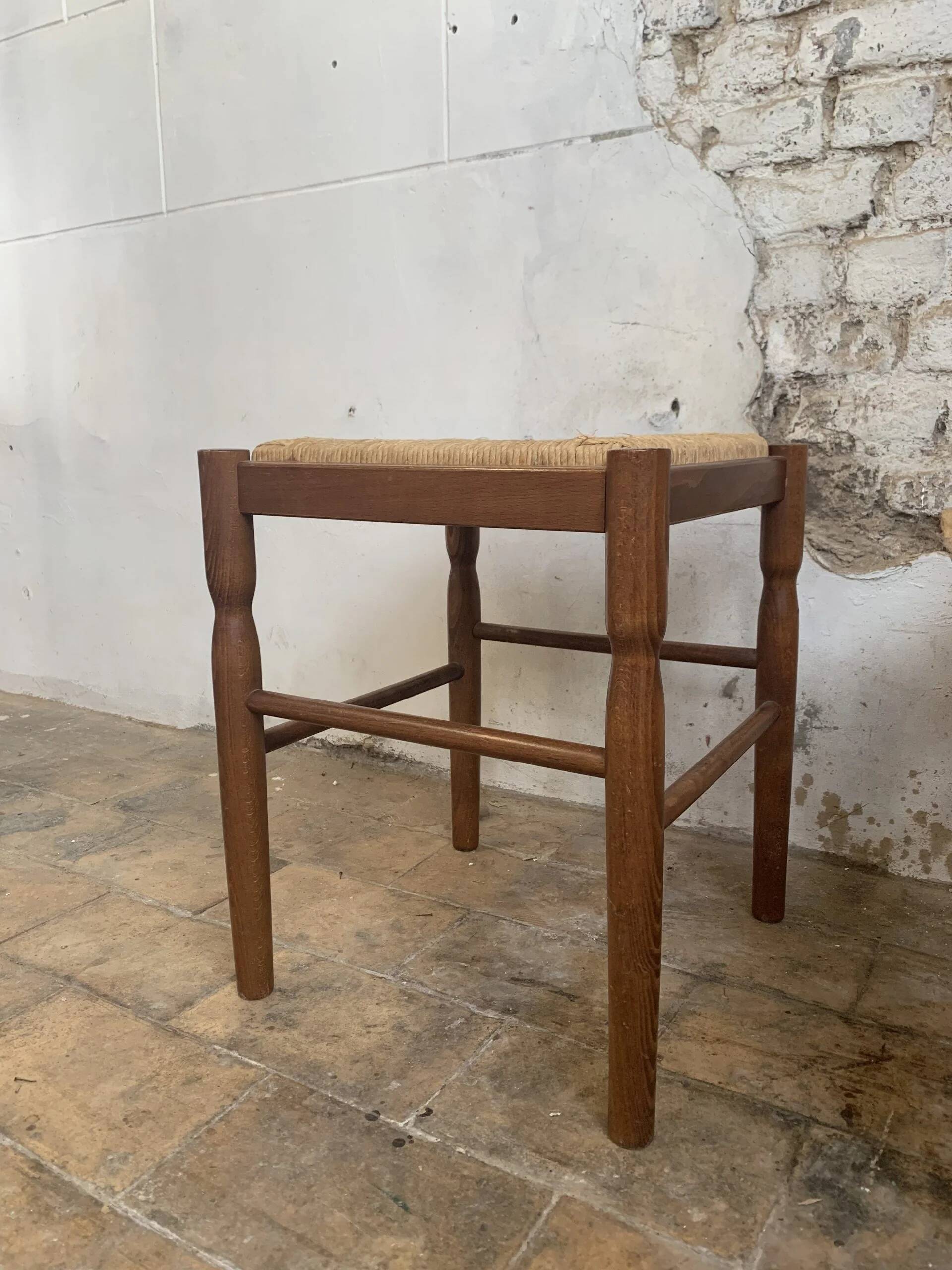 Pair of 20th-century wooden stools with straw seats