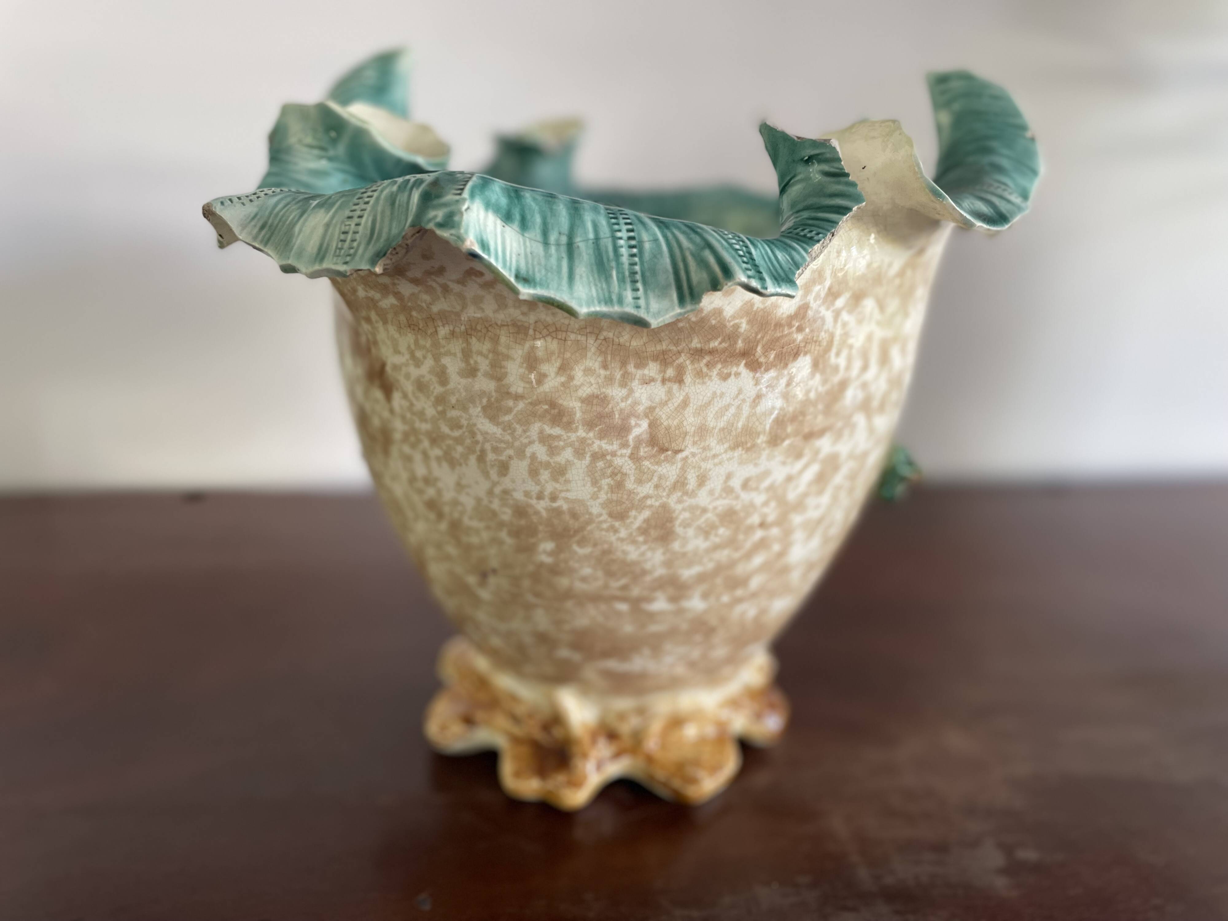 Large antique planter in majolica – relief floral decoration