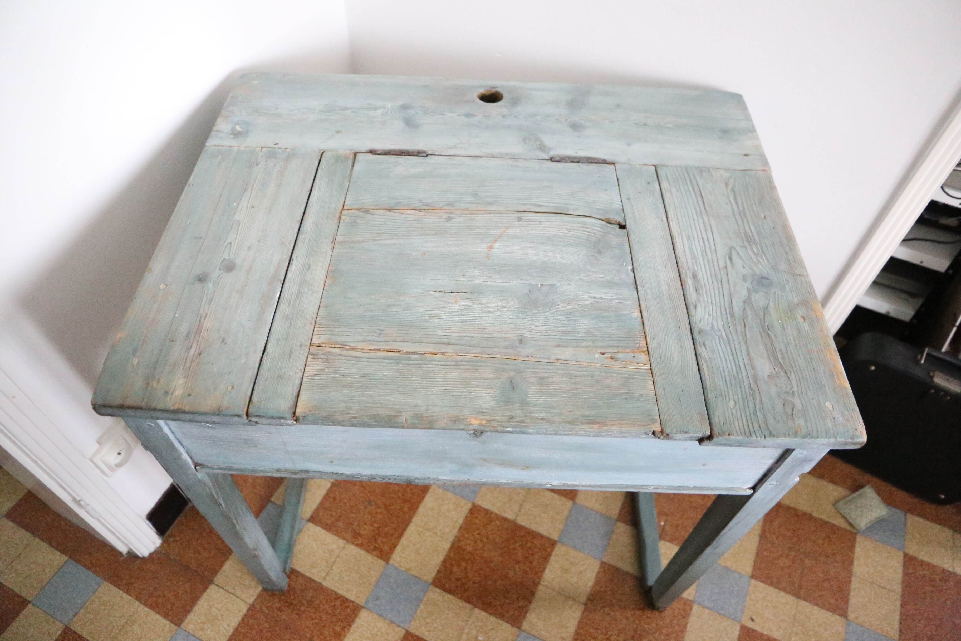 Old box desk, blue lasure