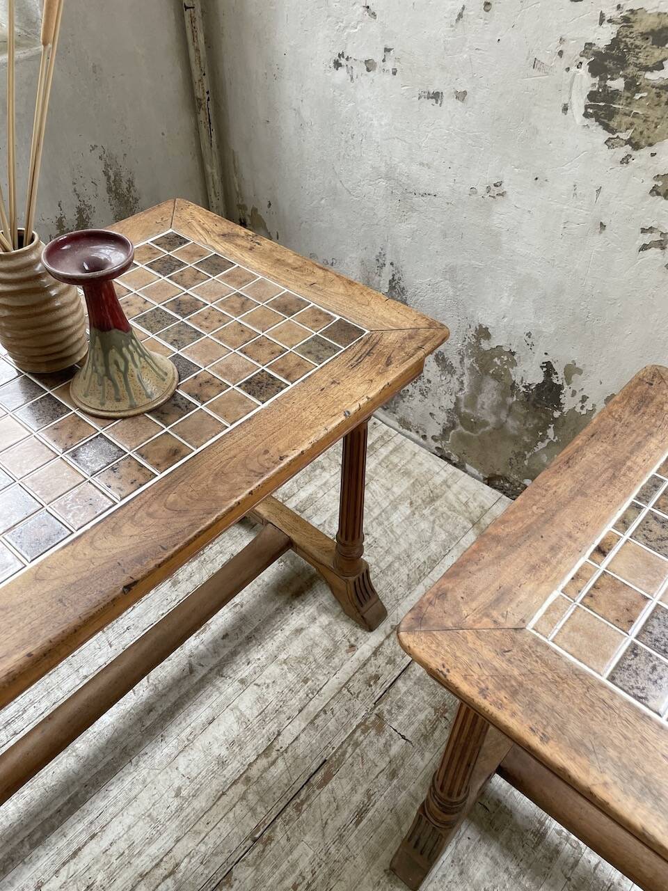 Set of two bistro tables in walnut and tiling from 1890.