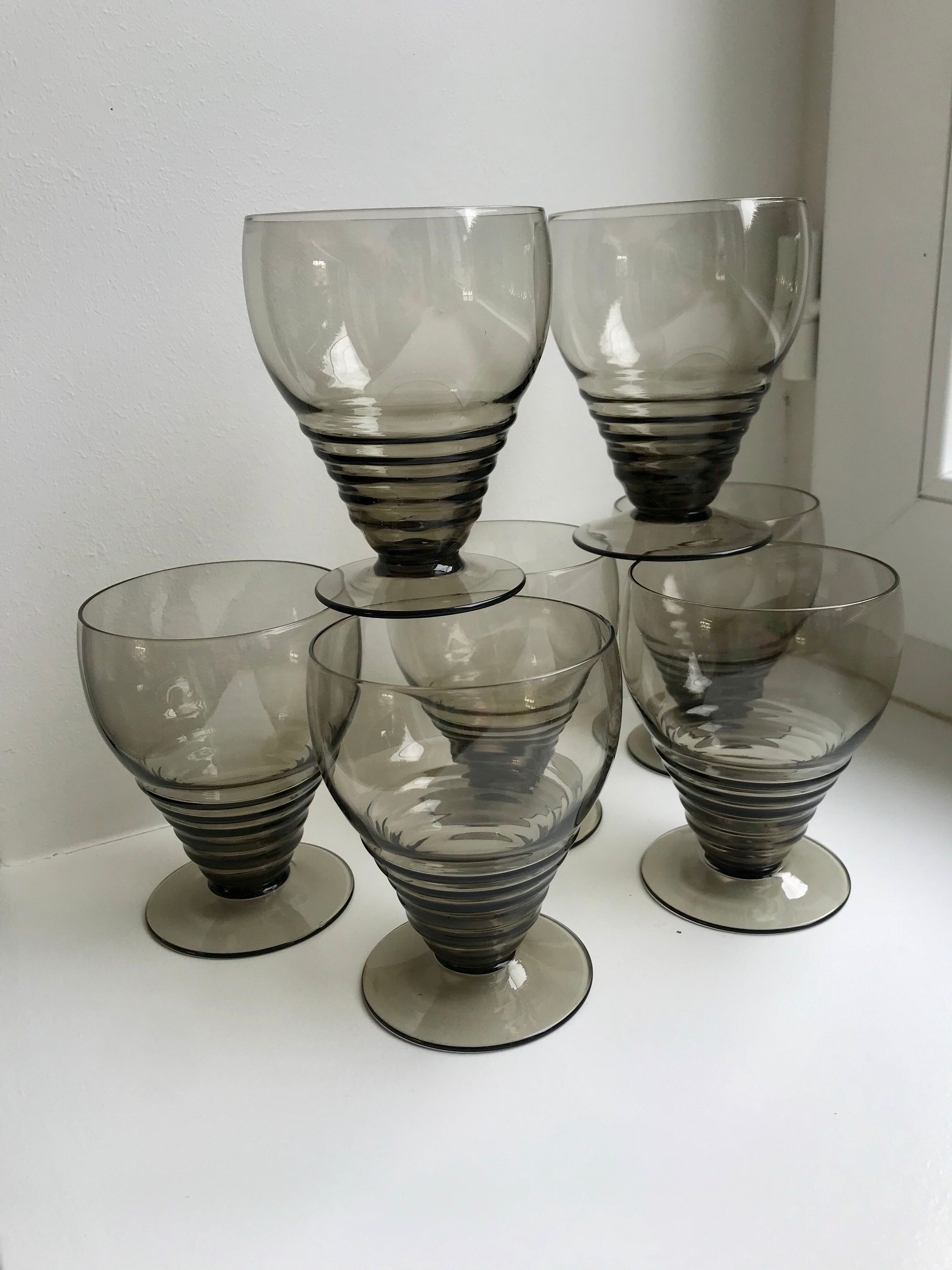 Set of 7 wine glasses  art deco smoked glass years 30-40