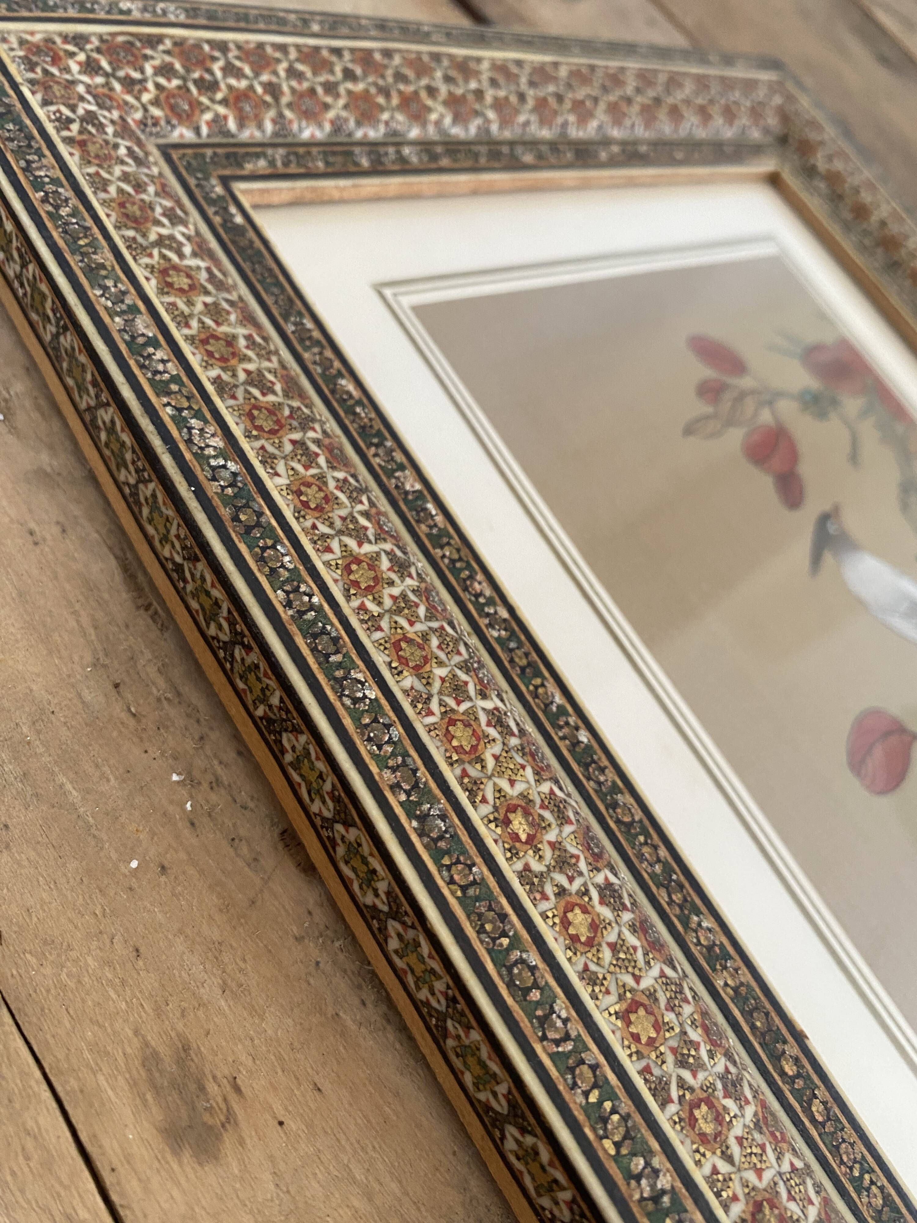 Ornithological painting, marquetry frame