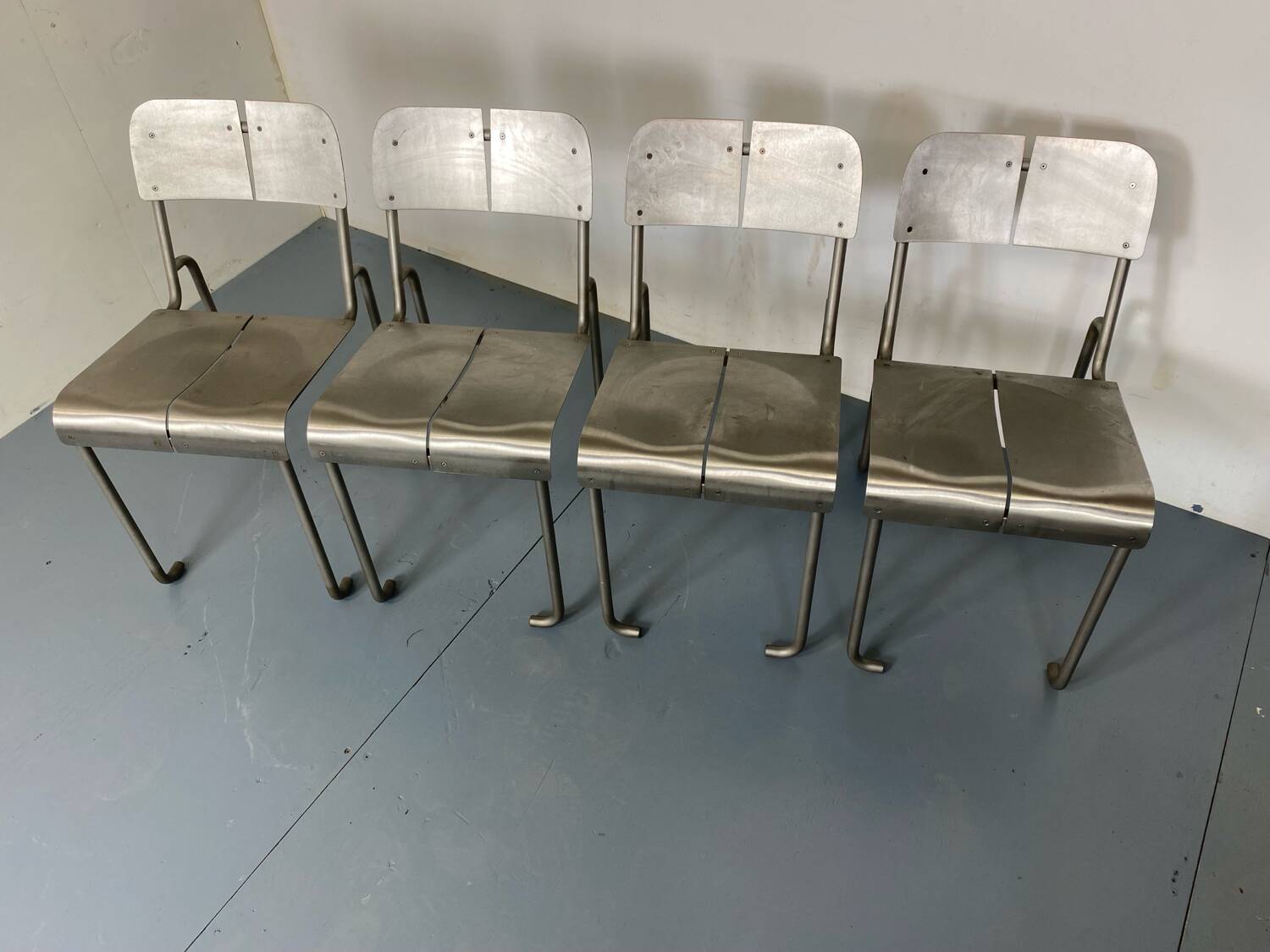 Memphis Architectural Stainless Steel French Dining Chairs, 1980s Set of 4