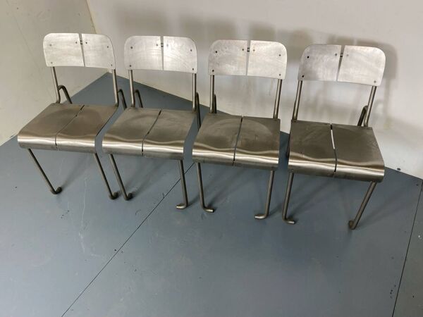 Chaises de salle à manger françaises Memphis Architectural en acier inoxydable, lot de 4, années 1980