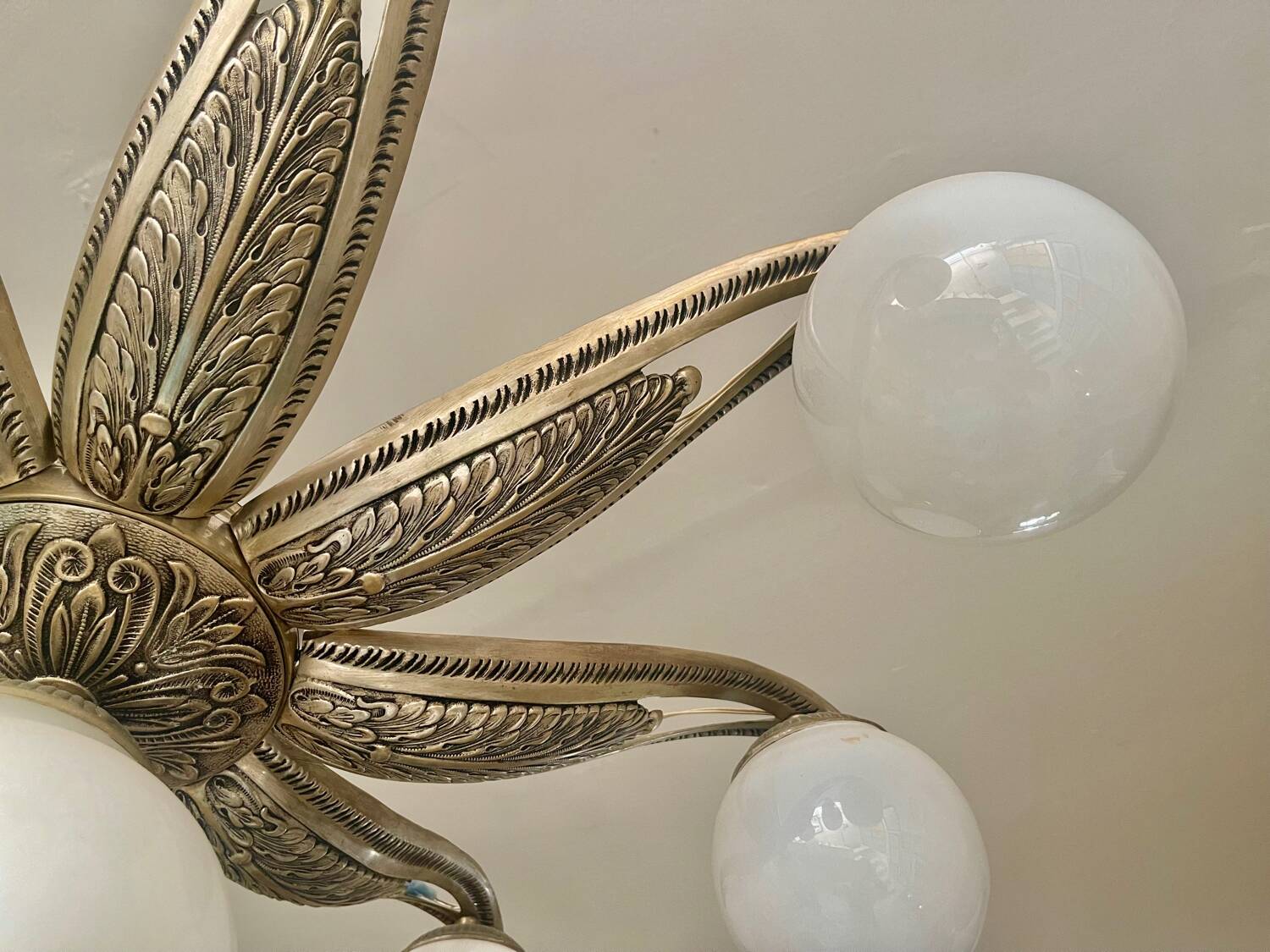 Art Deco ceiling light in bronze with 9 glass globes, France 1935