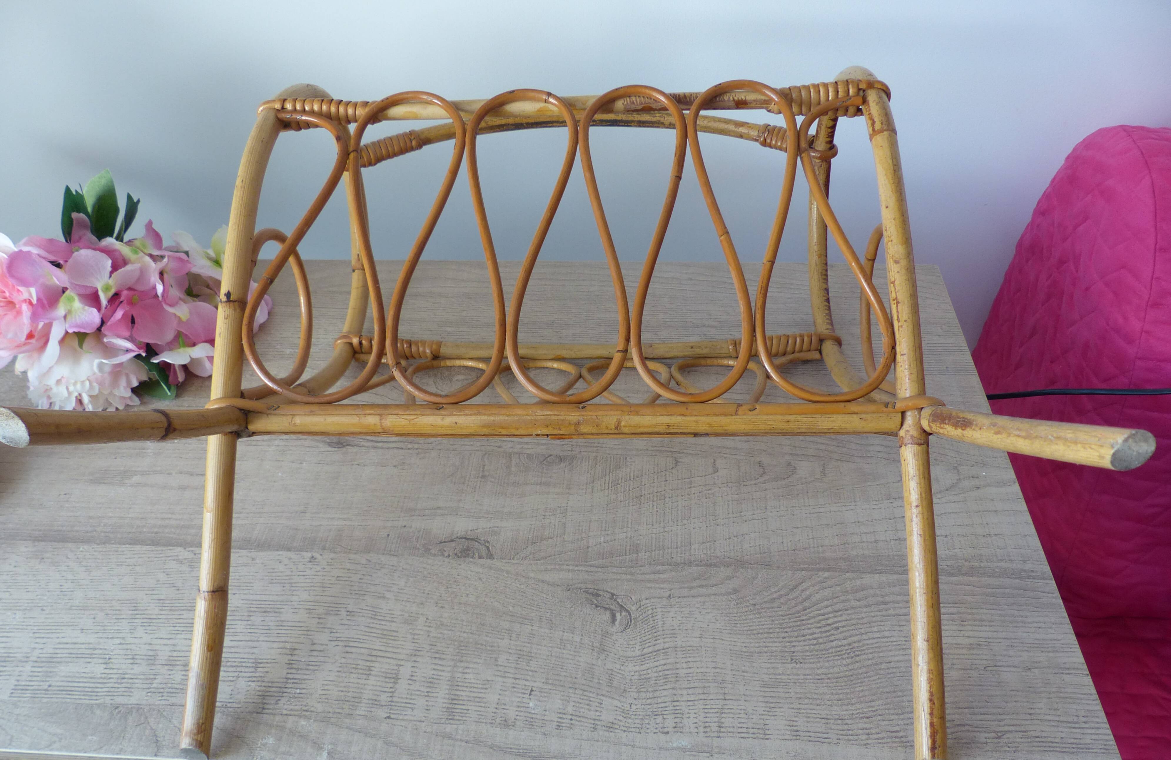Vintage rattan magazine rack, wicker magazine basket home decor