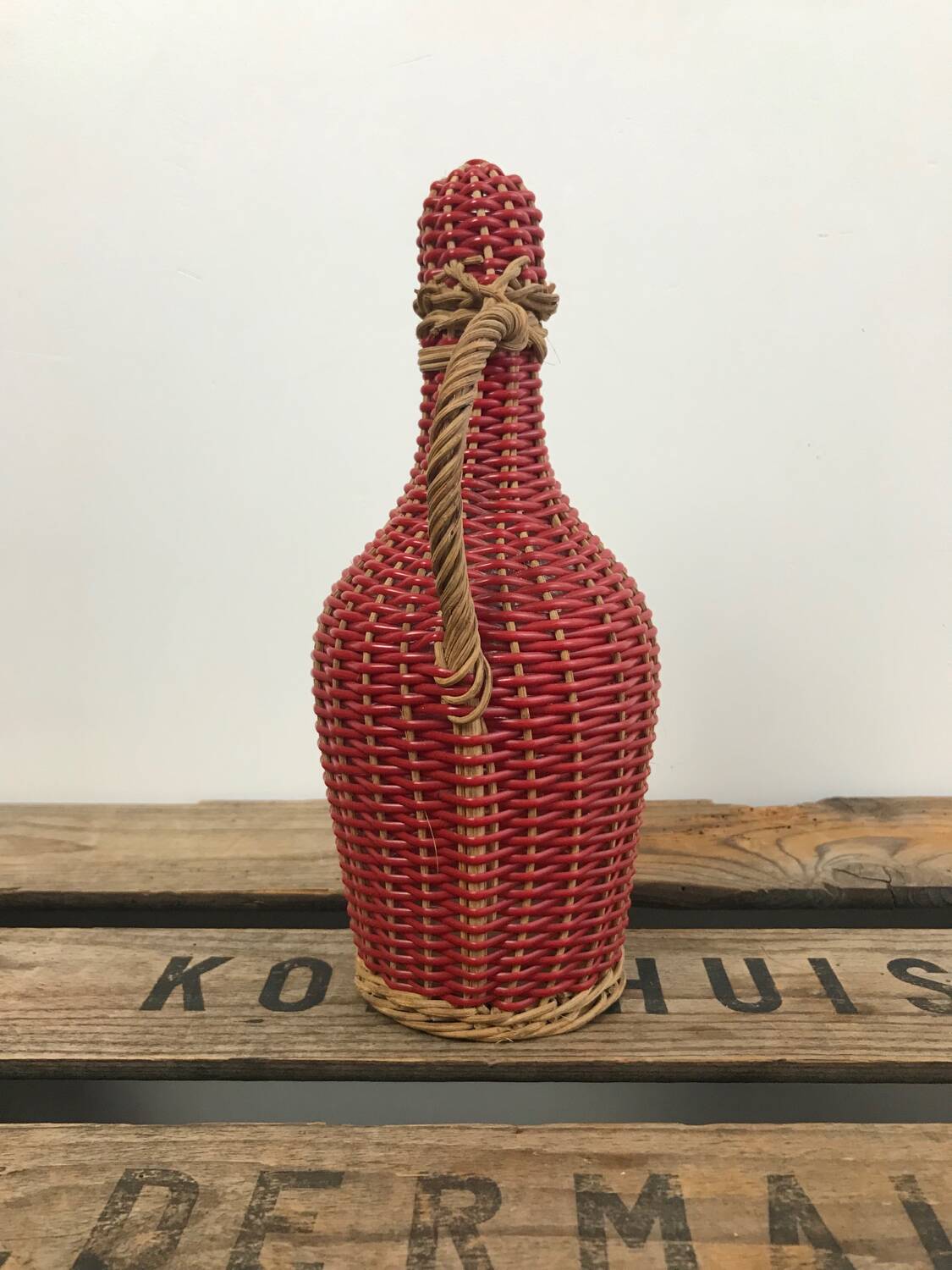 Bottle with rattan weaving and vintage scoubidou