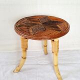 Tabouret trépied en marqueterie de rotin 1960