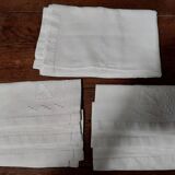 Old white linen tablecloth six day napkins and embroidery 140 X 180 cm