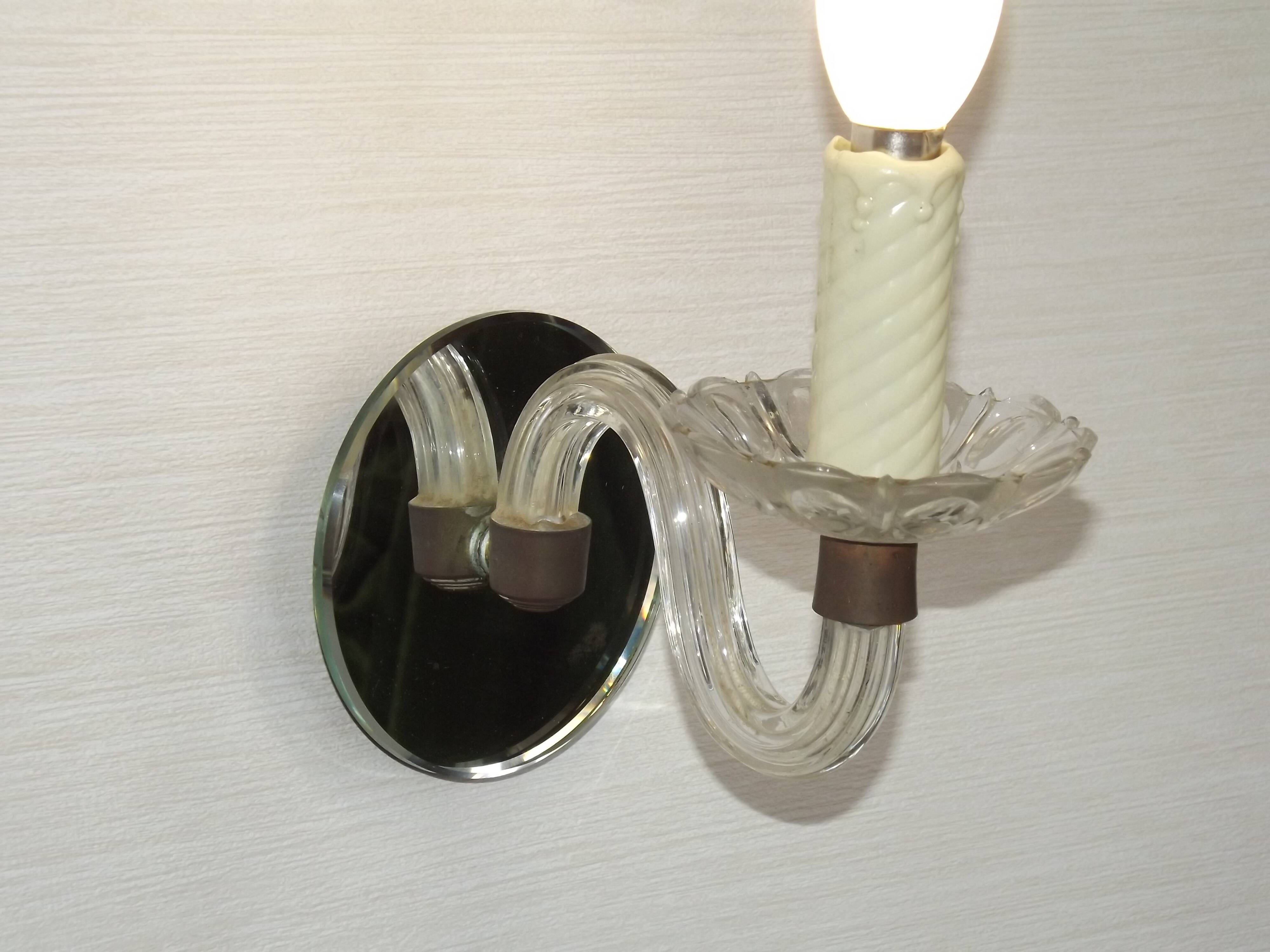 French Vintage Small Mirrored Backplate Wall Sconce Glass Arm & Bobeche