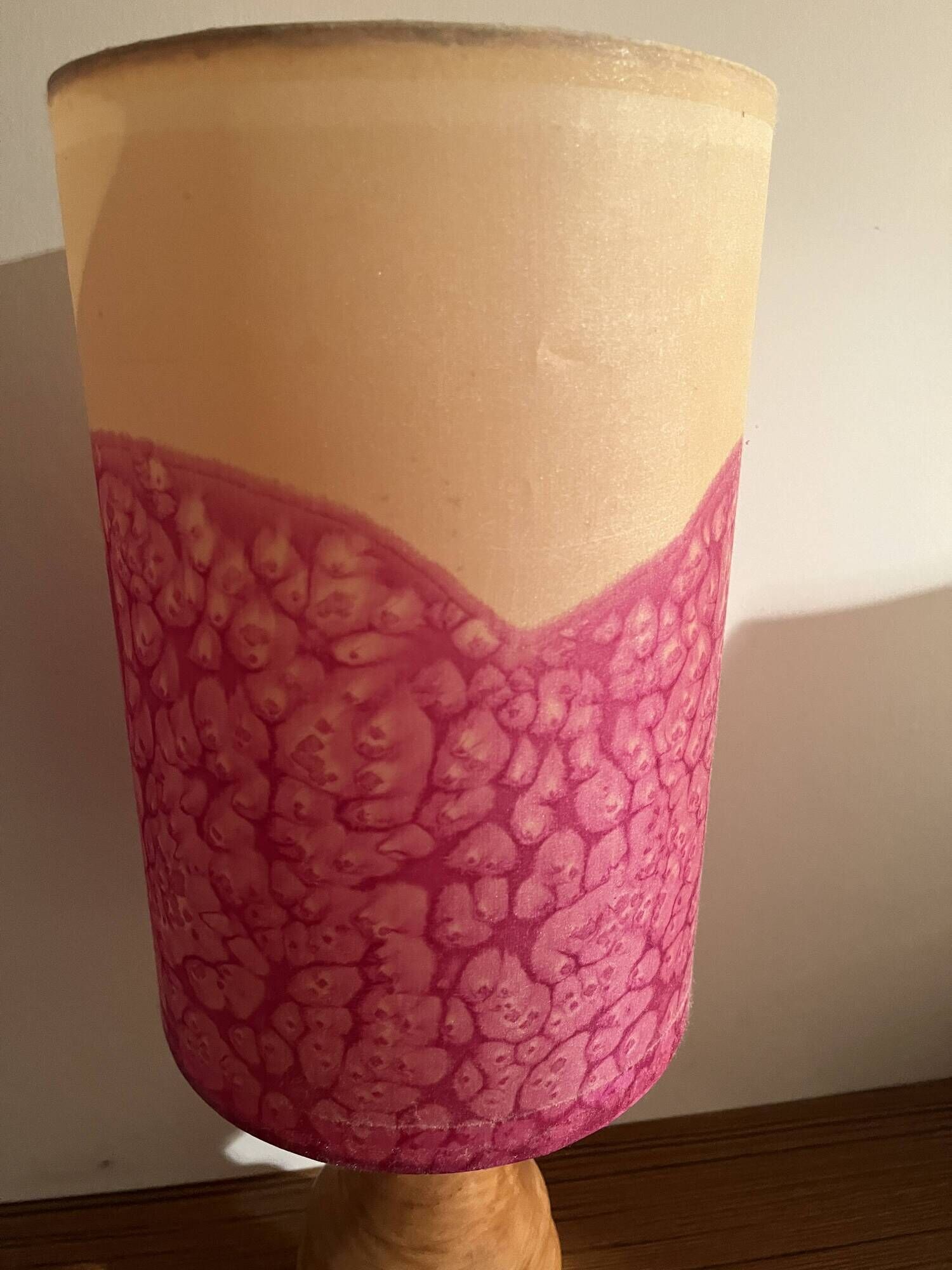 Vintage lamp with a carved wooden base from the 1970s.