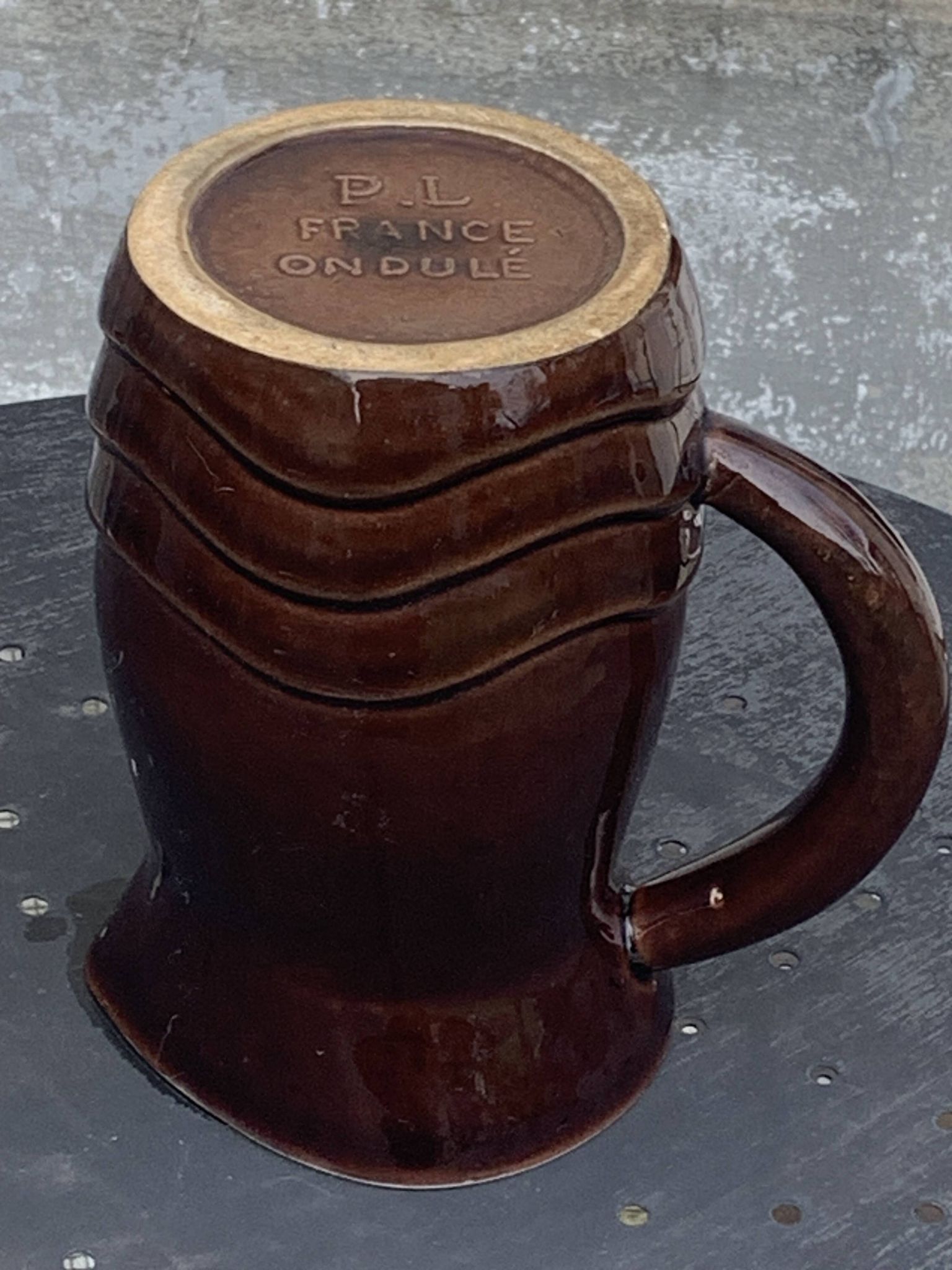 Jug, pitcher, pl france, poet laval, undulate, vintage 1950 in enameled ceramic, brown, turquoise