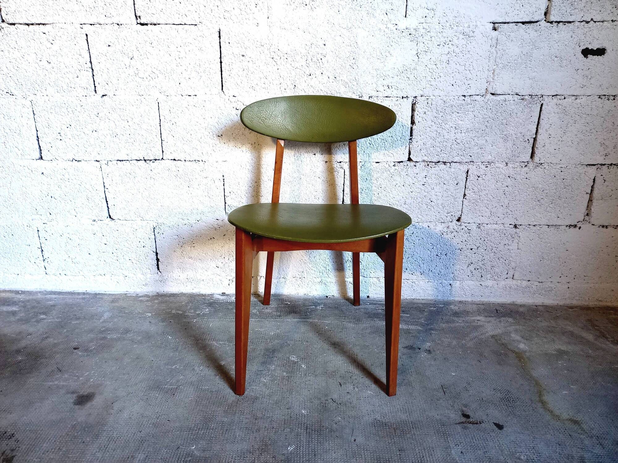 Vintage chair 50s 60s in wood and green skai