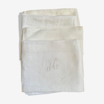 Lot de 4 serviettes anciennes blanches monogramme JG