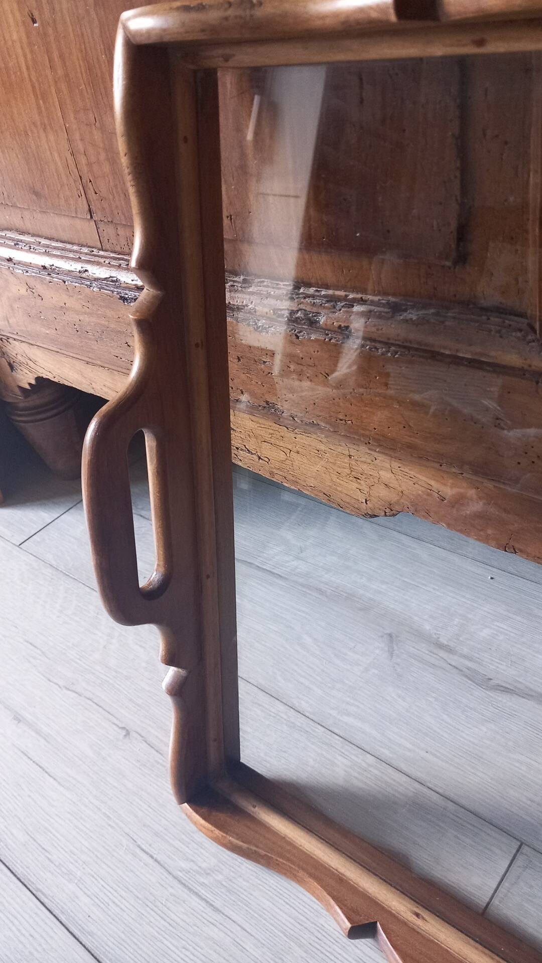 Grand plateau de service bois et verre années 50
