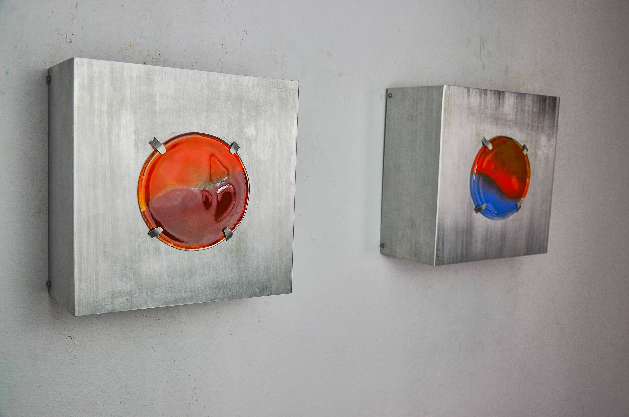 Pair of space-age wall lights, "fusing" glass, Germany, 1970