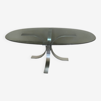 Table basse années 70 pied tulipe aluminium et verre fumé