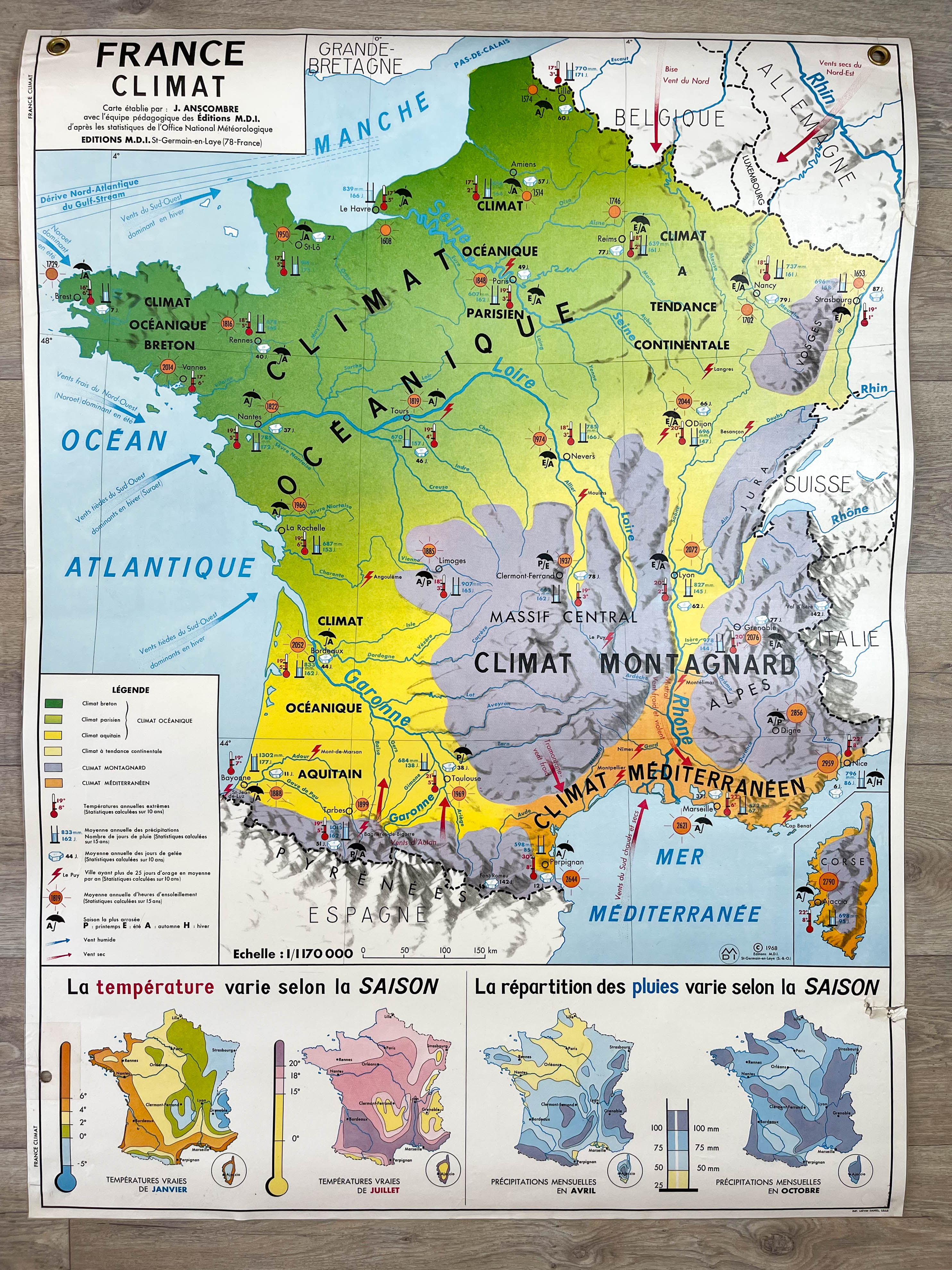 Carte scolaire vintage france climat mdi année 1968