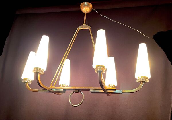 Lustre bronze certifié Maison Lunel six opalines coniques, France mid-century