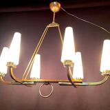 Maison Lunel certified bronze chandelier, six conical opalines, mid-century France