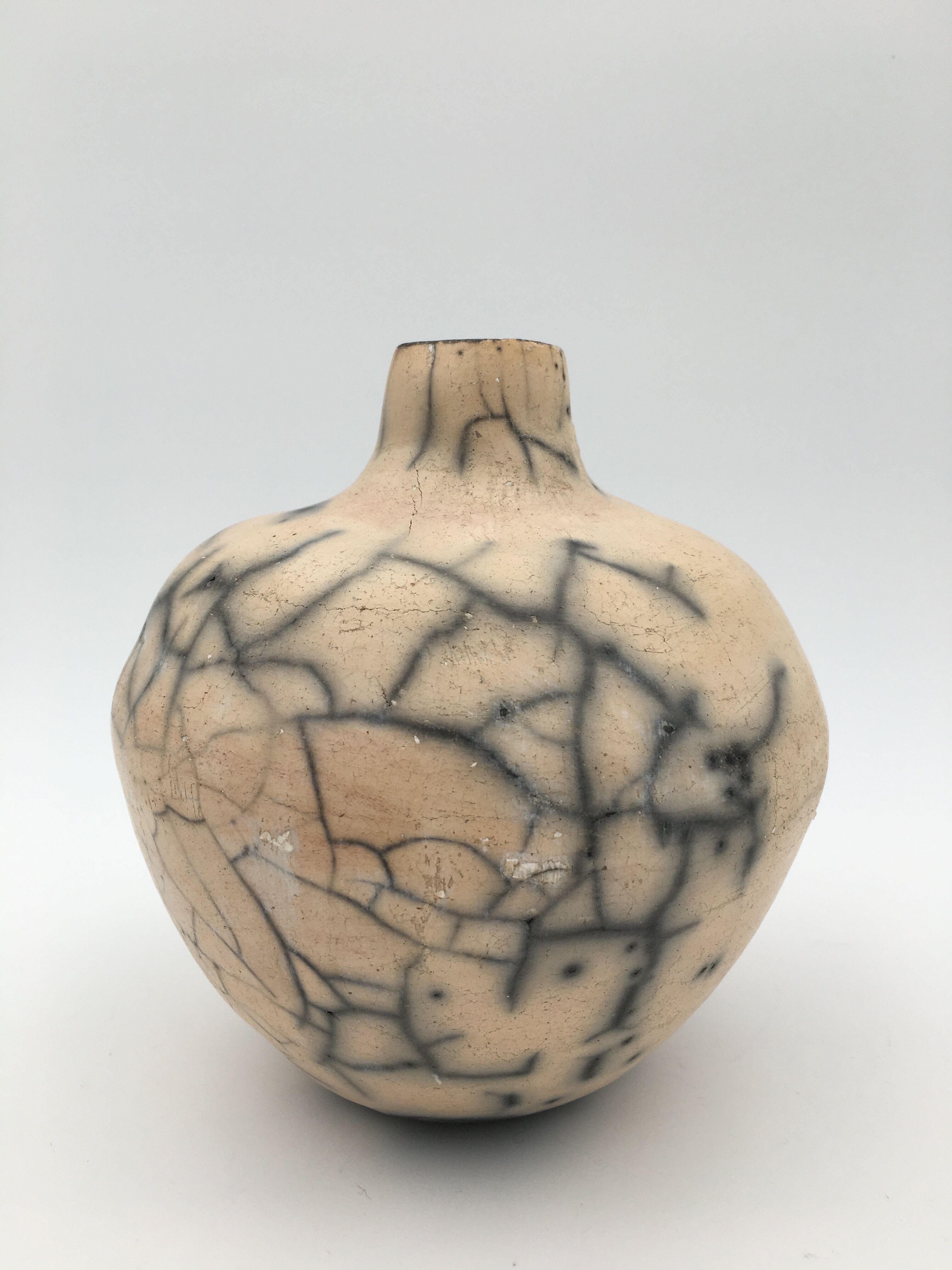 Raku ball vase, beige and black 20th century