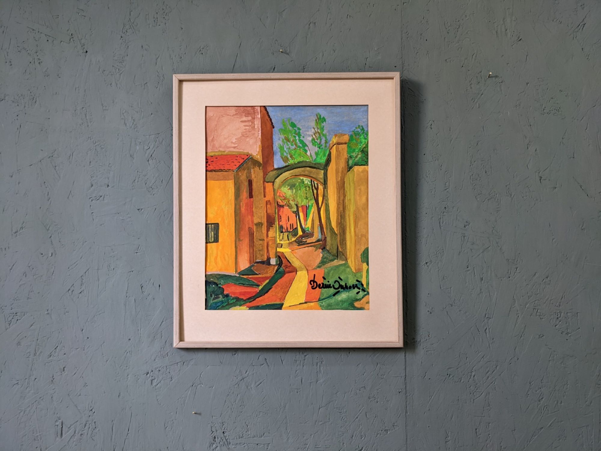 Mid-century modern swedish "the pathway" vintage framed watercolour
