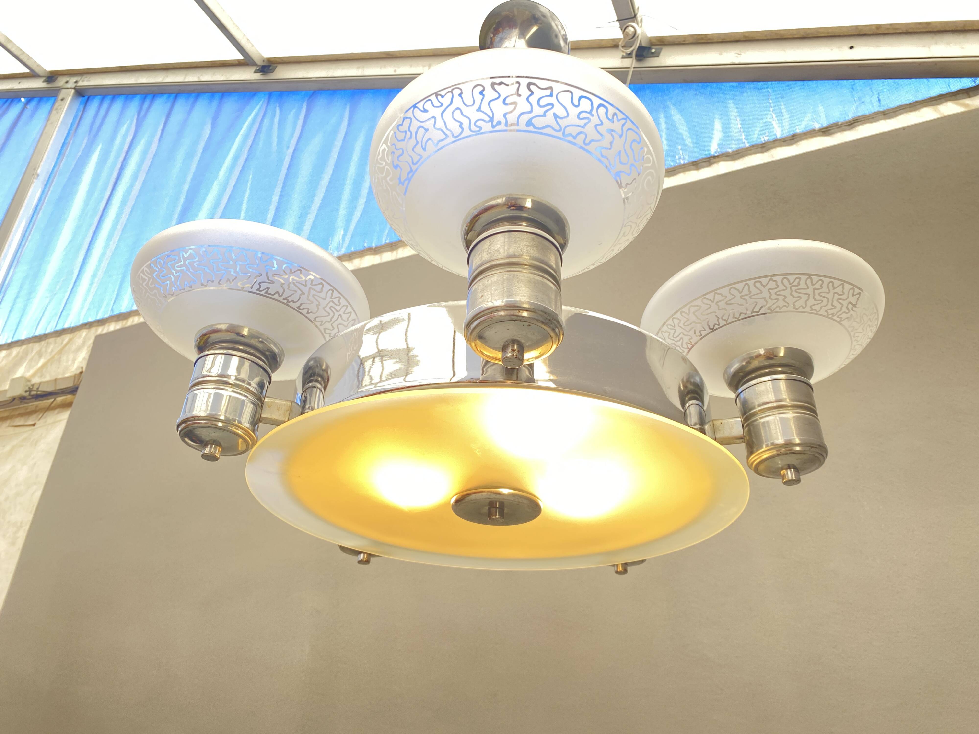 Art Deco Chrome Chandelier with Glass Bowl Shades