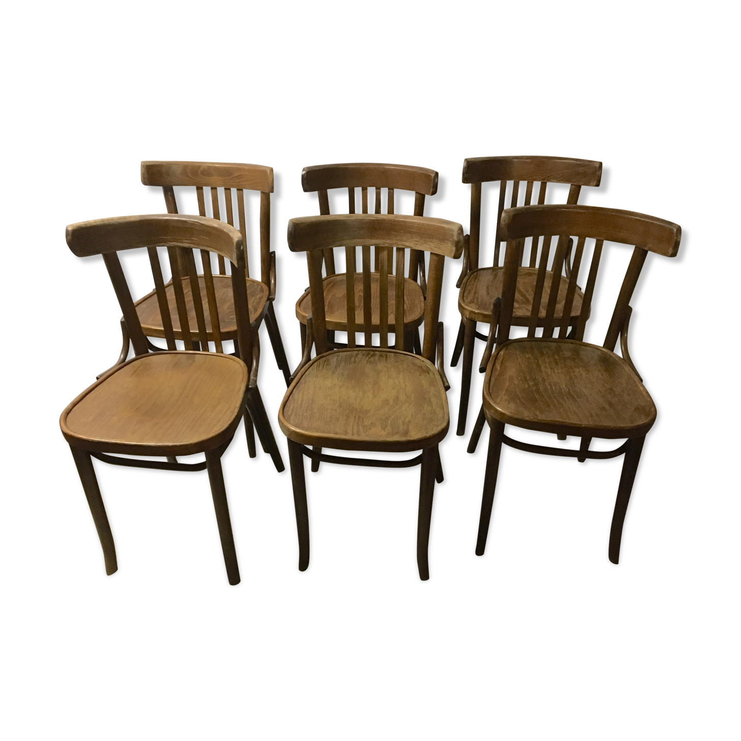 Series of 6 bistro chairs in curved wood, mid. 20th