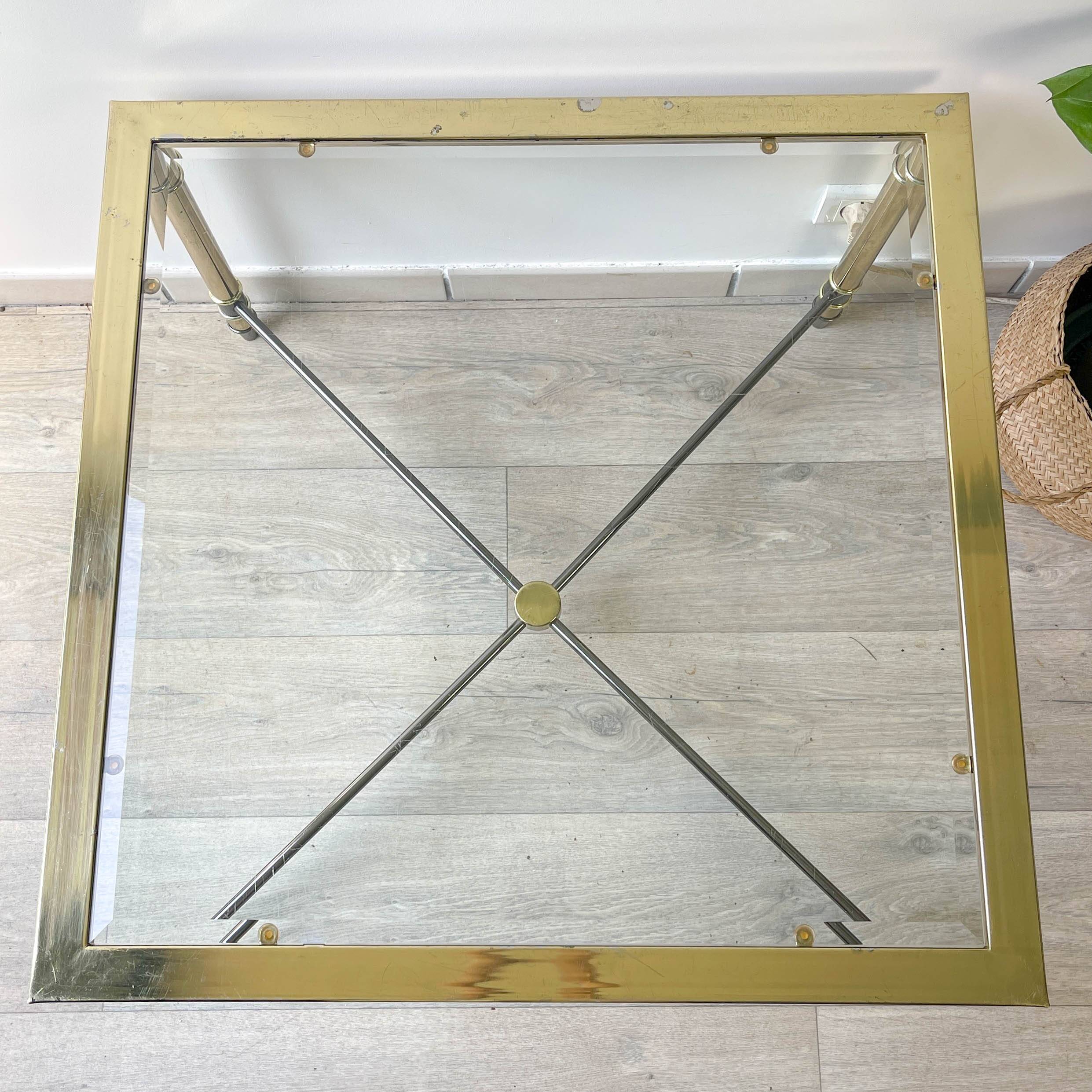 Vintage Brass and Square Beveled Glass Coffee Table